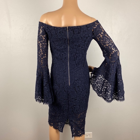 NEW BARDOT REVOLVE NAVY OFF-THE-SHOULDER LACE DRESS - Picture 7 of 8